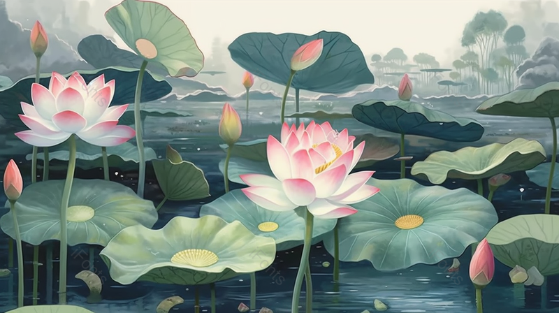 夏季池塘里盛开的花朵,插画/手绘图,插画/手绘图库,插画/手绘图下载,插画/手绘